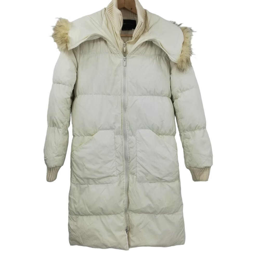 BCBG Max Azria Down Long Puffer Jacket Size S Cream Racoon Fur Collar Double Zip